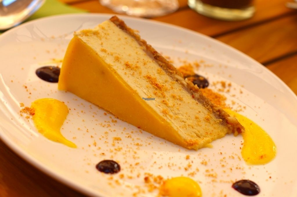 Vegan mango cheesecake of Eqvita restaurant, the vegan restaurant in Monaco owned by tennis player Novak Djokovic