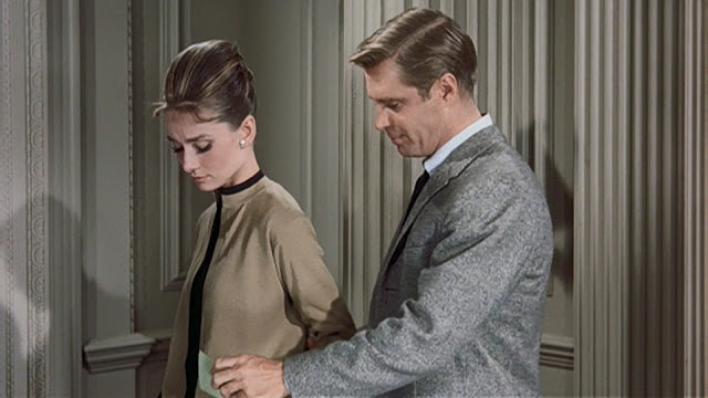 Audrey Hepburn movie costume in film Breakfast at Tiffany's(1961), the complete wardrobe of Holly Golightly:Camel colored cardigan with black mock neck sweater and black pants