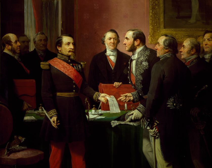 NAPOLÉON III REMETTANT AU BARON HAUSSMANN LE DÉCRET D’ANNEXION DES COMMUNES LIMITROPHES (16 FÉVRIER 1859)