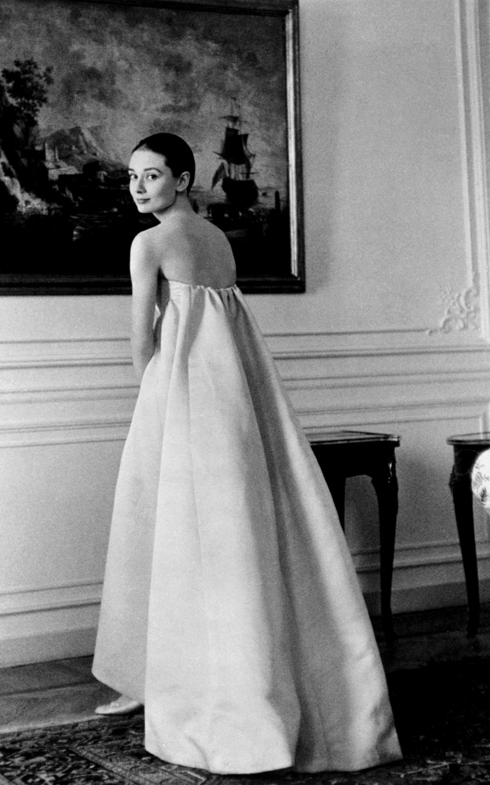 Audrey Hepburn in strapless gown designed by Hubert de Givenchy, 1957
