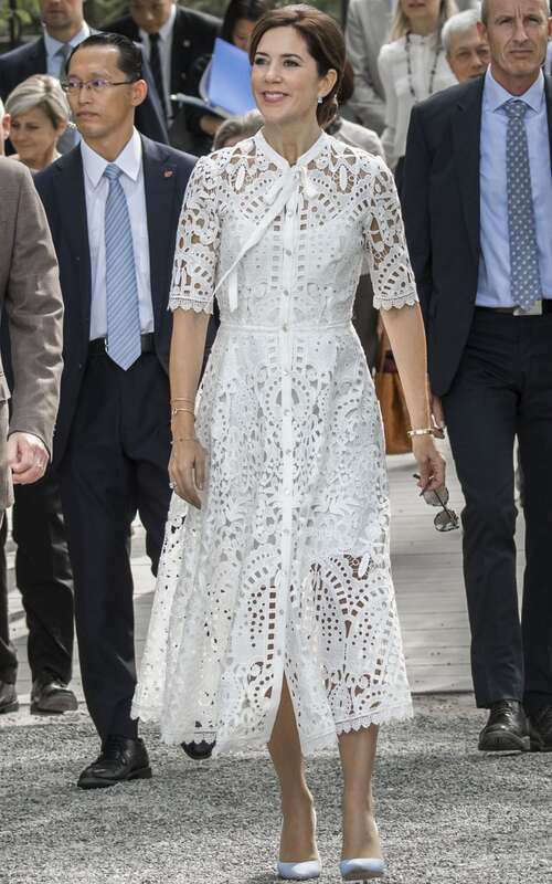 Celebrating Crown Princess Mary of Denmark's 50th birthday in 50 elegant day dresses and evening gowns: Princess Mary in white lace dress
