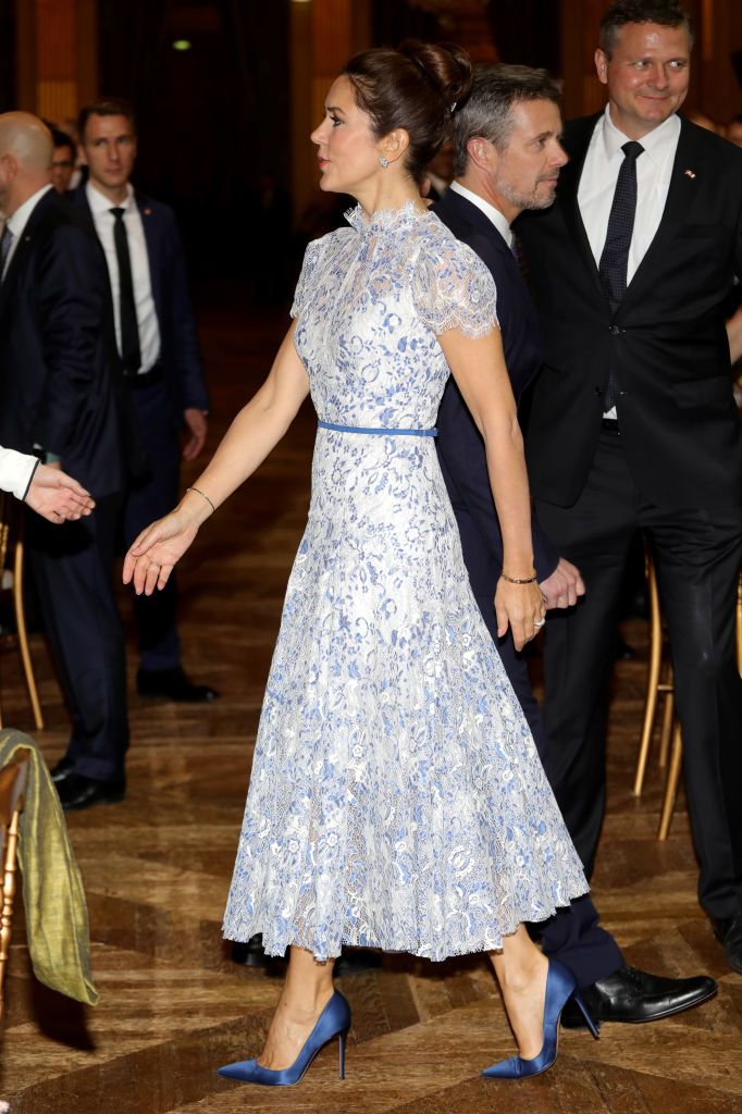 Celebrating Crown Princess Mary of Denmark's 50th birthday in 50 elegant day dresses and evening gowns: Princess Mary in blue and white dress, 2019