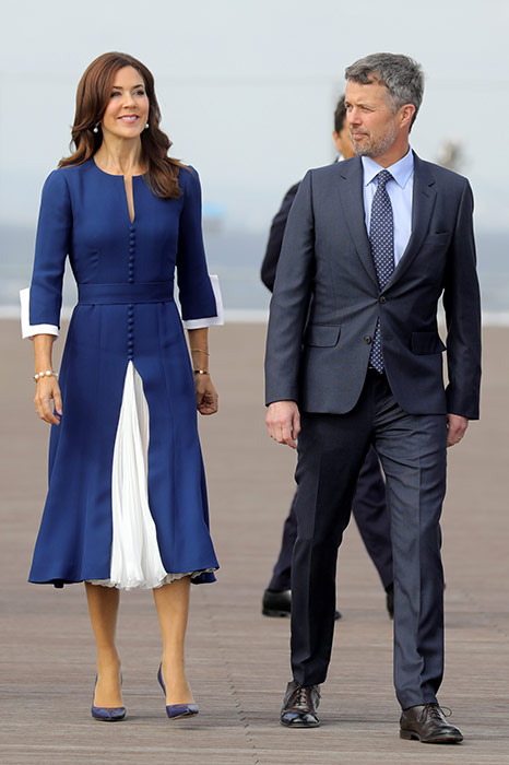 Celebrating Crown Princess Mary of Denmark's 50th birthday in 50 elegant day dresses and evening gowns: Princess Mary in navy blue with white pleat dress