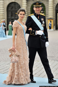 Queen Letizia of Spain in nude gown for wedding of Crown Princess Victoria of Sweden and Daniel Westling in Stockholm, Sweden, June 2010