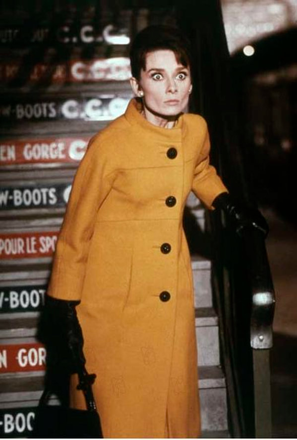 Audrey Hepburn movie costume Charade(1963) complete outfits as Reggie Lampert: the mustard yellow coat