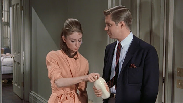 Audrey Hepburn movie costume in film Breakfast at Tiffany's(1961), the complete wardrobe of Holly Golightly: Coral colored sleeping robe with suit collar