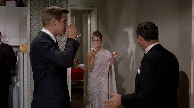 Audrey Hepburn movie costume in film Breakfast at Tiffany's(1961), the complete wardrobe of Holly Golightly: White Bedsheet-turned-one shoulder Grecian style gown