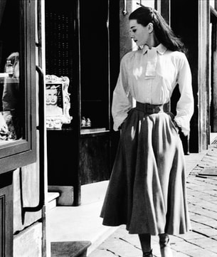 All about Audrey Hepburn movie costume ensemble of white shirt and ankle circle skirt in film Roman Holiday, 1953