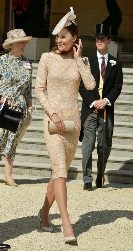Kate Middleton blush boat neck knee-length lace dress custom made by Alexander McQueen, Queen's second garden party at Buckingham Palace, 2014