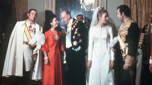 Maria del Carmen Martínez Bordiú, granddaughter of General Franco, on her wedding ceremony, wearing wedding dress designed by Cristobal Balenciaga, 1972
