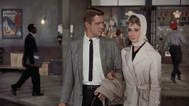 Audrey Hepburn movie costume in film Breakfast at Tiffany's(1961), the complete wardrobe of Holly Golightly: Beige colored trench coat with patch pockets and flare bottom