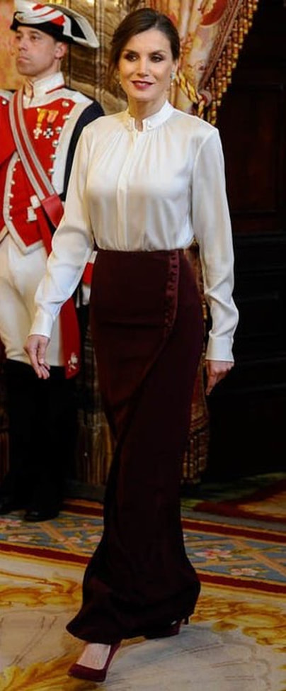 Queen Letizia burgundy maxi skirt with satin band and side buttons custom made by Felipe Varela