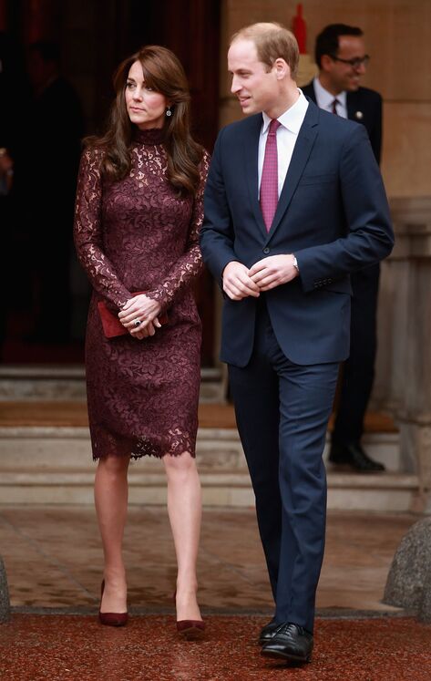 Kate Middleton eggplant guipure lace dress of high mandarin neck by Dolce&Gabbana