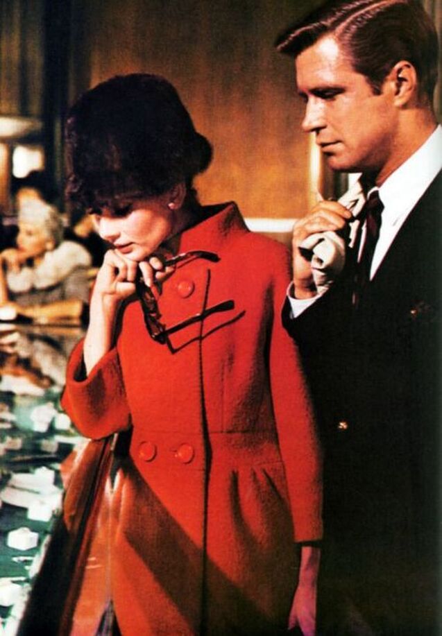 Audrey Hepburn movie costume in film Breakfast at Tiffany's(1961), the complete wardrobe of Holly Golightly:Orange double breast wool coat with standup collar and 3 quarter sleeves