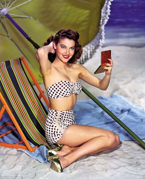 Elegant style icon wardrobe essentials: Ava Gardner in swimwear, a two piece bikini in polka dot print