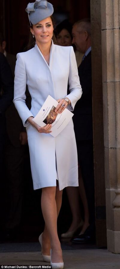 Kate Middleton dove grey coat/coatdress with funnel neck custom made/bespoke by Alexander McQueen, ​20 April 2014