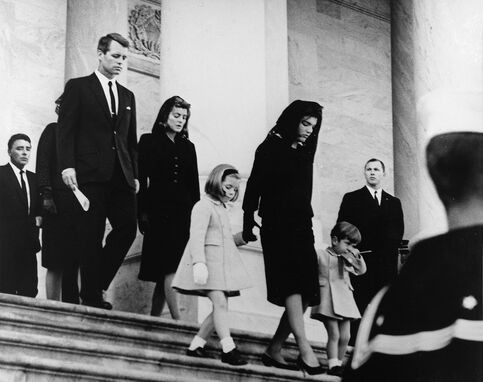 Jacqueline Kennedy on the day of her husband John Fitzgerald Kennedy's funeral, Kennedy, with her children John Kennedy, Jr and Caroline Bouvier Kennedy, 25 November 1963