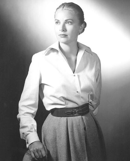 Elegant icon wardrobe essential: Grace Kelly in white shirt, publicity photo for film High Noon 