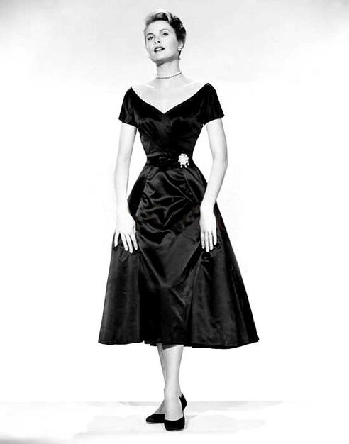 Elegant style icon wardrobe essentials: Grace Kelly in black dress, film The Country Girl(1954)