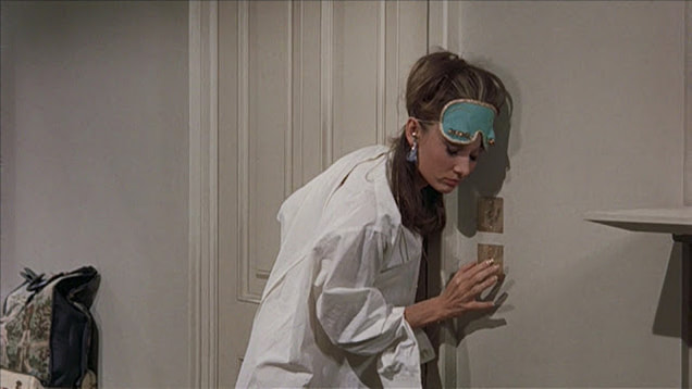 Audrey Hepburn movie costume in film Breakfast at Tiffany's(1961), the complete wardrobe of Holly Golightly:White oversize white blouse with front buttoned bib panel