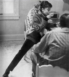 audrey hepburn on film set of sabrina having coffe break 1953