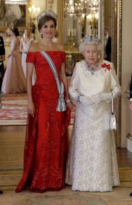 Queen Letizia of Spain attended state banquet in the grand ballroom of Buckingham Palace, UK, 2017