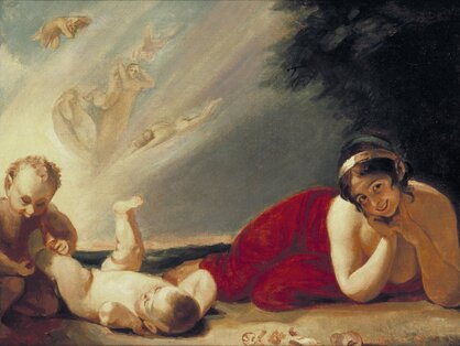 Lady Hamilton as Titania with Puck and Changeling, 1793, by George Romney