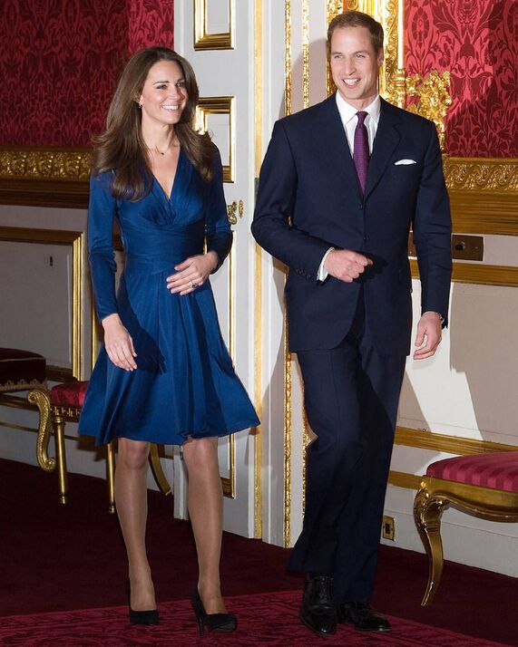 Kate Middleton blue silk jersey knit wrap dress  'The Kate Tie Wrap dress' by Issa London or her announcement of engagement with Prince William