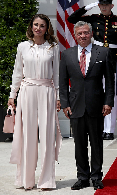 Queen Rania of Jordan pink satin-trimmed crepe wide-leg pants by Adeam