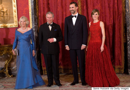 Queen Letizia of Spain scarlet Lorenzo Caprile gown for dinner hosting the Prince of Wales and Duchess of Cornwall, 2011