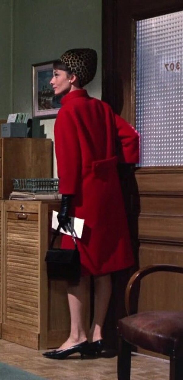 Audrey Hepburn movie costume Charade(1963) complete outfits as Reggie Lampert: the red wool coat with jeopard print hat