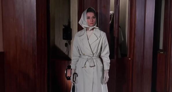 Audrey Hepburn movie costume Charade(1963) complete outfits as Reggie Lampert: the beige trench coat with headscarf