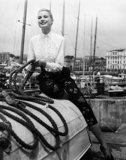 Grace Kelly in white shirt, Cannes film festival, 1955, photo by Edward Quinn