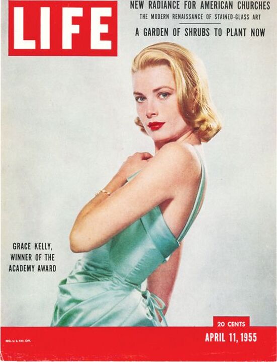 Grace Kelly ice blue French silk satin gown for Oscar Ceremony 1955 designed by Edith Head: Grace Kelly wearing the gown on Cover of Life, 11 April 1955