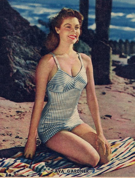 Elegant style icon wardrobe essentials: Ava Gardner in swimwear, a one piece swimsuit in print