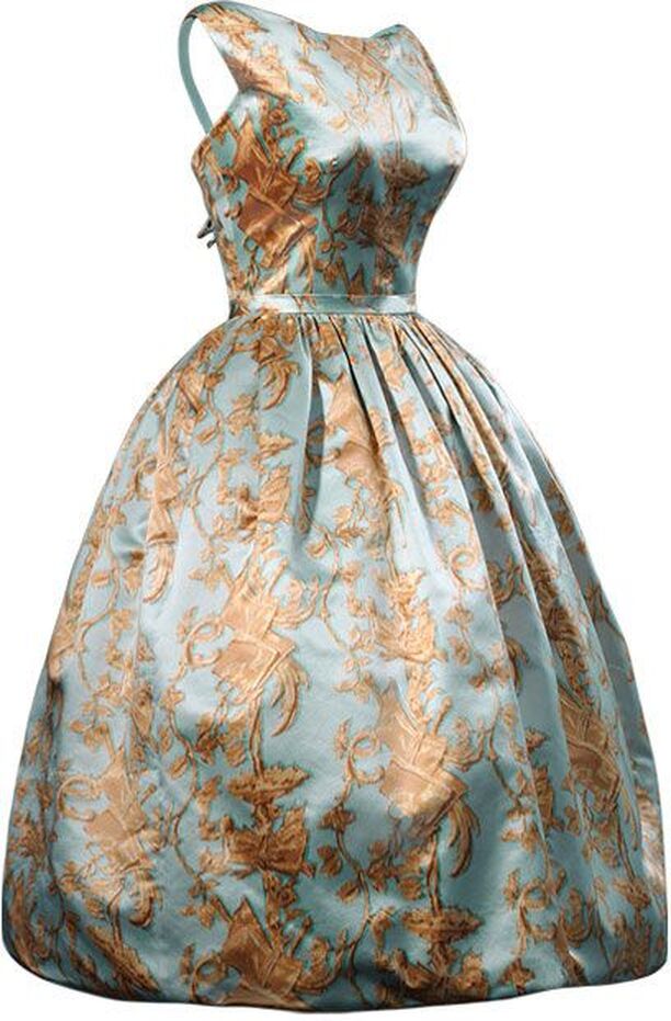 ristobal Balenciaga Blue satin coctail dress with Candelieri print in gold color, 1957. Belonged to Mrs. Rachel L. Mellon
