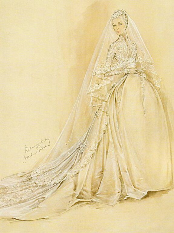 sketch of Grace Kelly's elegant wedding gown of the religious ceremony on 19 April 1956
