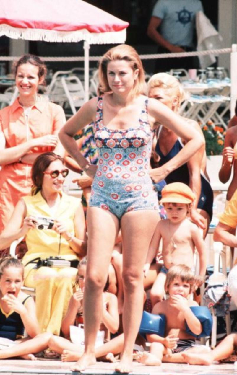 Elegant style icon wardrobe essentials: Grace Kelly in swimwear, a one piece printed swimming suit