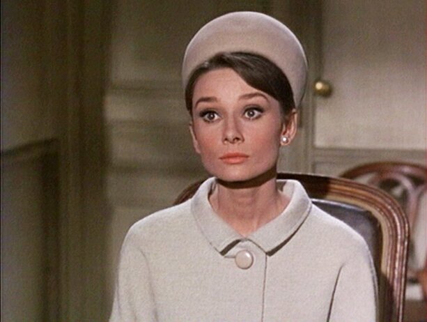 Audrey Hepburn movie costume Charade(1963) complete outfits as Reggie Lampert: the beige wool coat with pillbox hat