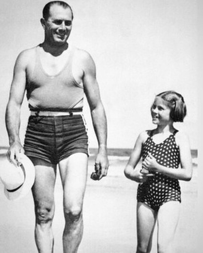 Elegant style icon wardrobe essentials: Grace Kelly in swimwear as a child with her father