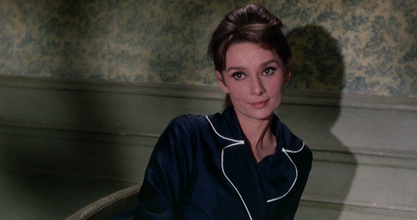Audrey Hepburn movie costume Charade(1963) complete outfits as Reggie Lampert: the navy blue skirt pajamas with white trims