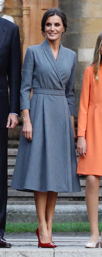 Queen Letizia of Spain in Grey shawl collared long sleeve dress