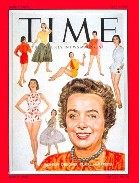 American fashion designer Claire McCardell surrounded by models wearing her designs, Time, 2 May 1955