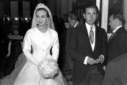 Maria Teresa Salisachs in her wedding Gown by Manuel Pertegaz on her wedding to Juan Antonio Samaranch, 1955