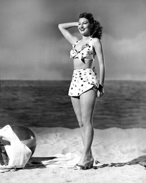 Elegant style icon wardrobe essentials: Ava Gardner in swimwear, a three piece bikini in polka dot print