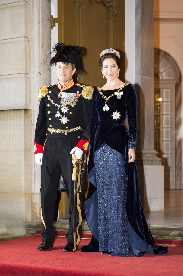 Celebrating Crown Princess Mary of Denmark's 50th birthday in 50 elegant day dresses and evening gowns: Princess Mary in navy velvet evening gown