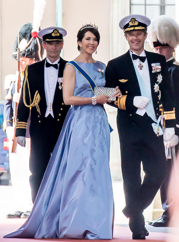 Celebrating Crown Princess Mary of Denmark's 50th birthday in 50 elegant day dresses and evening gowns: Princess Mary in periwinkle blue evening gown, June 2015