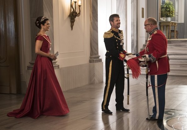 Celebrating Crown Princess Mary of Denmark's 50th birthday in 50 elegant day dresses and evening gowns: Princess Mary in dark red evening gown
