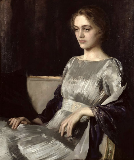 Miss Muriel Gore in a Fortuny dress, by Sir Oswald Hornby Joseph Birley, 1919