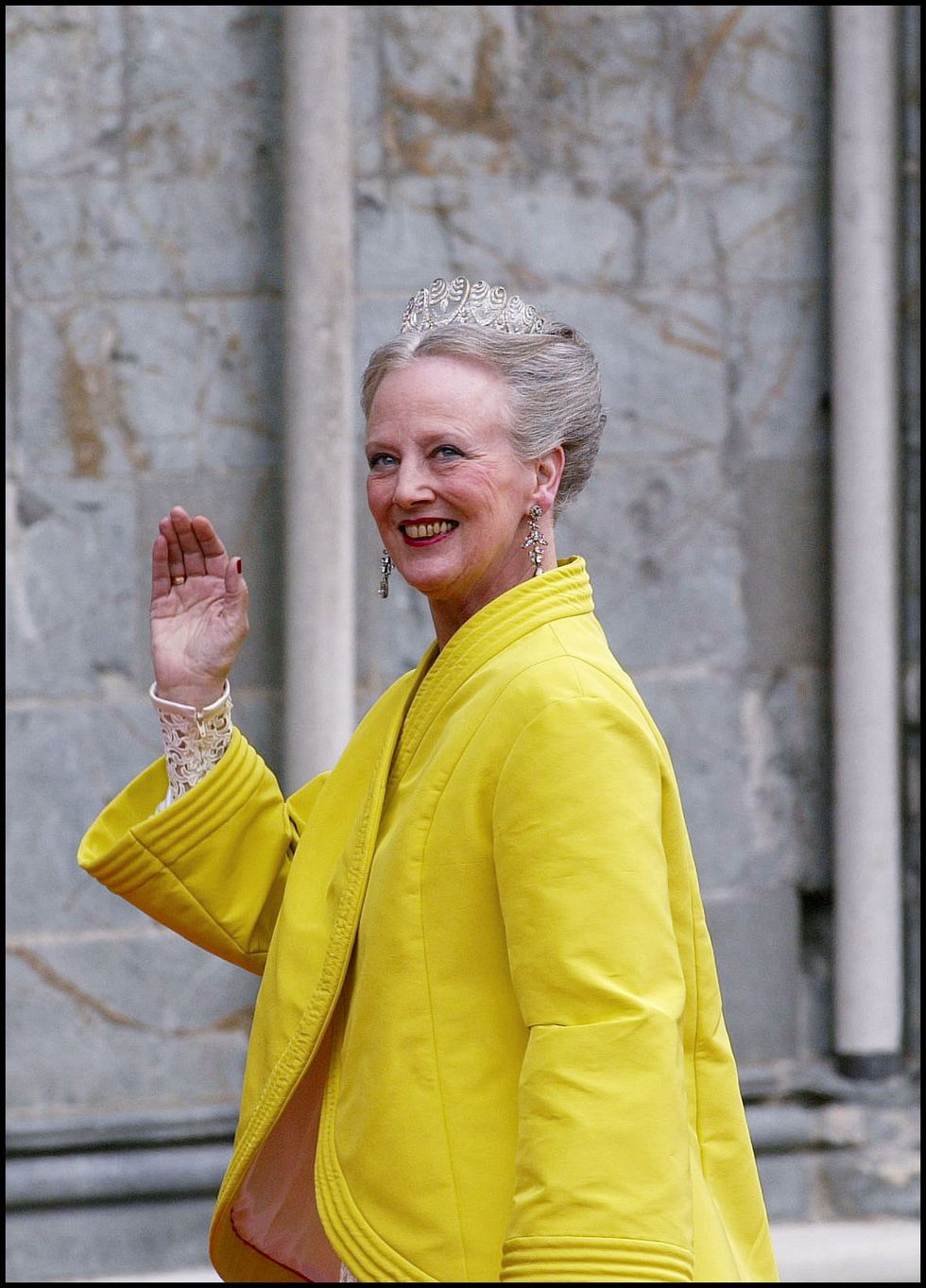 Queen Margrethe wearing the Baden Palmett Tiara at a royal wedding in Norway, 2002. Getty Images